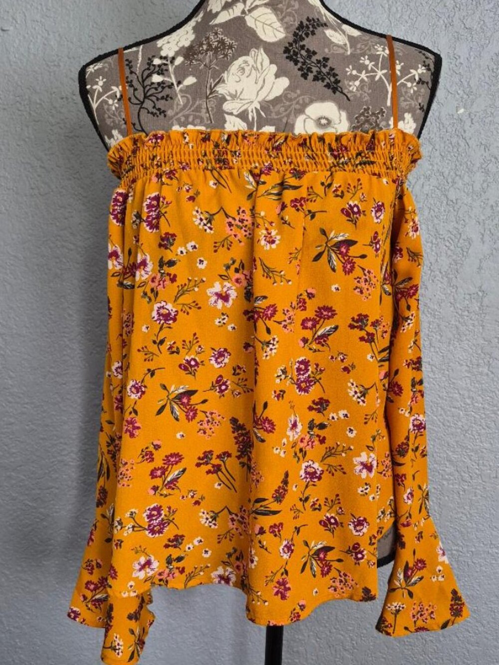One Heart Clothing Women Orange Floral Blouse off the Shoulder Long Sleeve SZ S